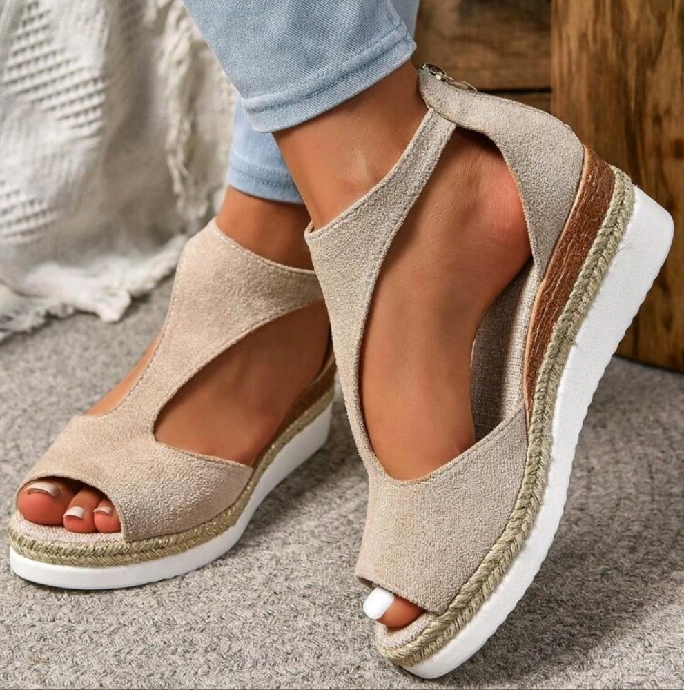 Roman Style Retro Fashionable Peep Toe Zipper Back Lightweight Wedge Platform - Picture 3 of 6